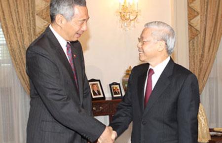 Tổng Bí thư  Nguyễn Phú Trọng bày tỏ vui mừng và cảm ơn sự đón tiếp trọng thị và chu đáo mà phía Singapore đã dành cho đoàn - Ảnh: TTXVN.