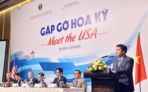 Chủ tịch UBND Tp.Hà Nội Nguyễn Đức Chung mong muốn hợp tác với nhà đầu 
tư Mỹ bằng hàng loạt các thế mạnh làm nên sự khác biệt của Hà Nội - Ảnh: ANTĐ.<br>