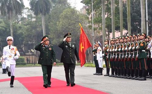 Đại tướng Phùng Quang Thanh, Bộ trưởng Bộ Quốc phòng đã chủ trì lễ đón chính thức Thượng tướng Thường Vạn Toàn, Bộ trưởng Bộ Quốc phòng Trung Quốc - Ảnh: QĐND.<b> </b>
