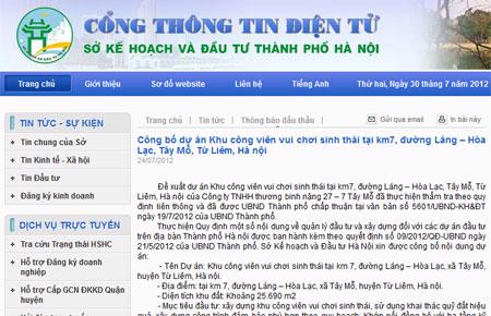 Công bố dự án Khu công viên vui chơi sinh thái tại km7, đường Láng – Hòa Lạc, Tây Mỗ, Từ Liêm, Hà Nội trên website Sở Kế hoạch và Đầu tư Tp.Hà Nội.