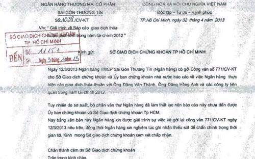 Một góc công văn giải trình việc thất lạc báo cáo giao dịch thỏa thuận gửi HOSE của Sacombank.<br>