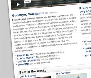 Bài báo tạm biệt độc giả của Rocky Moutain News trên trang web của tờ báo hôm nay, 28/2.