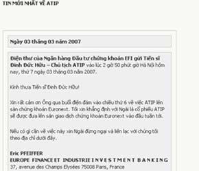 ATIP không niêm yết trên Euronext đúng như dự kiến - Ảnh chụp màn hình website của ATIP vào hồi 13h 20 ngày 6/3/2007.