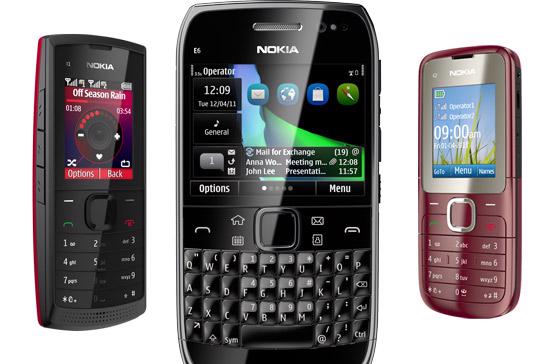 Từ trái qua: Nokia X1, Nokia E6 và Nokia C2. 