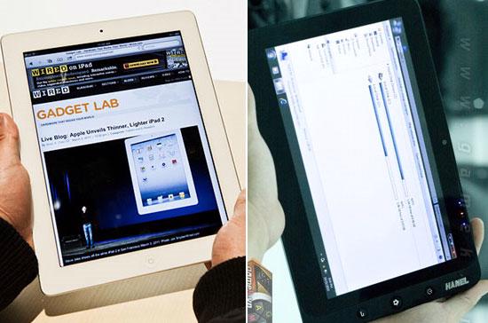 Máy tính bảng iPad 2 vừa ra mắt (bên trái) và mẫu máy tính bảng Hanel Pad của Hanel, ra mắt từ tháng 10/2010.