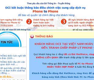 Thông báo tạm ngưng dịch vụ Phone-to-Phone từ 27/3 trên website của OCI.