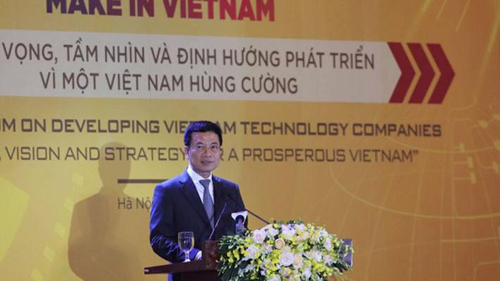 Bộ trưởng Nguyễn Mạnh Hùng phát biểu tại Diễn đàn Quốc gia phát triển doanh nghiệp công nghệ Việt Nam lần đầu tiên được tổ chức vào ngày 9/5 tại Hà Nội.