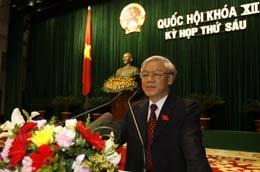 Chủ tịch Quốc hội Nguyễn Phú Trọng đọc diễn văn bế mạc kỳ họp thứ sáu - Ảnh: TTXVN.