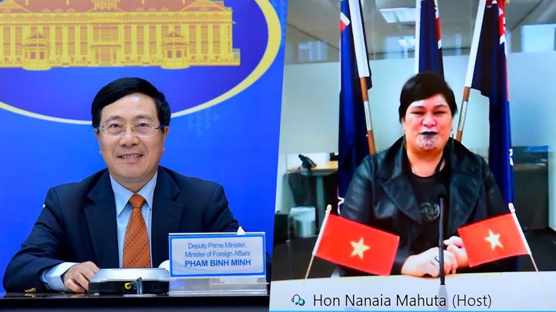 Phó Thủ tướng, Bộ trưởng Ngoại giao Phạm Bình Minh và Bộ trưởng Ngoại giao New Zealand Nanaia Mahuta hội đàm trực tuyến ngày 10/3 - Ảnh: Bộ Ngoại giao