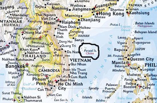 Quần đảo Hoàng Sa có chữ “Xisha Qundao” (quần đảo Tây Sa) ở ngay bên trên và chữ “China” màu đỏ, trên bản đồ của Hội Địa lý Quốc gia Hoa Kỳ - Ảnh chụp màn hình.