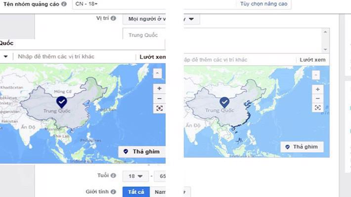 Bản đồ của Facebook phần lãnh thổ Trung Quốc trước và sau khi sửa lỗi.