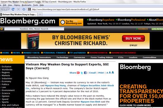 Giao diện thông tin đính chính trên Bloomberg.com.