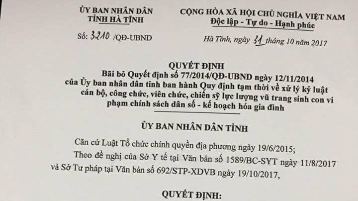 Sau gần ba năm thực hiện quyết định kỷ luật cán bộ sinh con thứ 3 trở lên, toàn tỉnh Hà Tĩnh có gần 1.500 cán bộ, đảng viên, công chức, viên chức bị xử lý kỷ luật. 