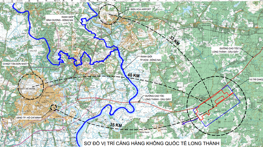 Bản đồ quy hoạch các tuyến đường chính phục vụ kết nối sân bay Long Thành với các địa phương lân cận.