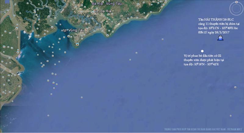 Vị trí được xác định tàu vận tải Hải Thành 26 bị chìm sau khi va chạm.<br>