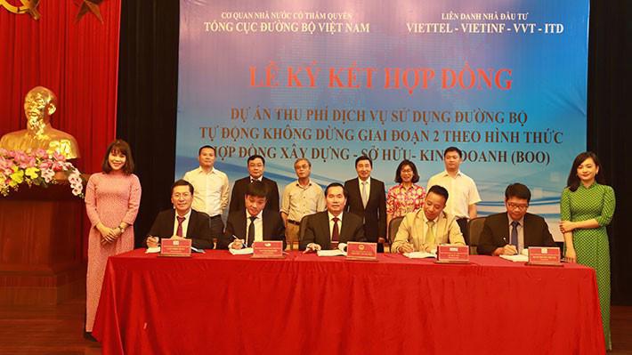 Lễ ký hợp đồng triển khai dự án thu phí không dừng giai đoạn 2 giữa Tổng cục Đường bộ Việt Nam với liên danh Tập đoàn Công nghiệp - Viễn thông Quân đội, Công ty Cổ phần Đầu tư công nghệ Hạ tầng Vietin, Công ty Cổ phần Thương mại dịch vụ viễn thông Việt Vương, Công ty Cổ phần Công nghệ Tiên Phong.
