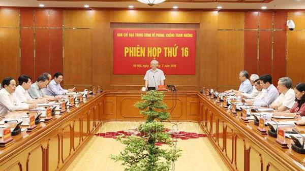 Ban Chỉ đạo Trung ương về phòng, chống tham nhũng đã họp phiên thứ 16 dưới sự chủ trì của Tổng bí thư, Chủ tịch nước Nguyễn Phú Trọng, Trưởng ban chỉ đạo - Ảnh: TTXVN 