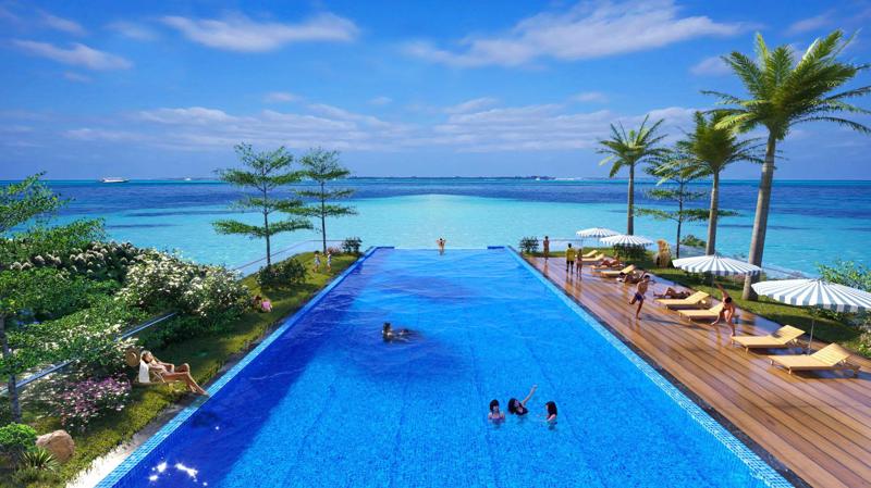 Bể bơi vô cực tại Flamingo Cát Bà Beach Resort nối liền trời và biển.
