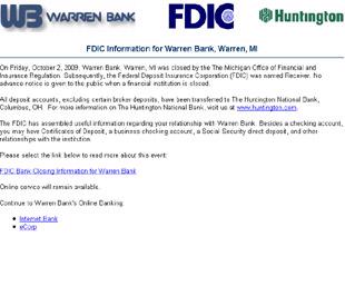 Thông báo về việc Huntington National Bank tiếp quản Warren Bank trên website của Warren Bank. 