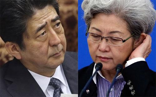 Thủ tướng Nhật Bản Shinzo Abe và Chủ tịch Ủy ban Đối ngoại của Quốc hội Trung Quốc, bà Phó Oánh.<br>