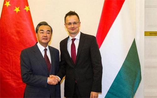Ngoại trưởng Trung Quốc Vương Nghị (trái) gặp người đồng cấp Hungary Peter Szijjarto tại Budapest ngày 6/6 - Ảnh: AP.