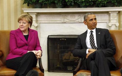 Thủ tướng Đức Angela Merkel (trái) và Tổng thống Mỹ Barack Obama trong cuộc hội đàm tại Nhà Trắng ngày 9/2 về tình hình Ukraine - Ảnh: Reuters.<br>