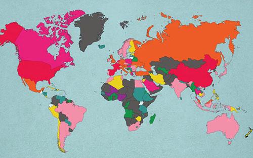 Bản đồ về lượng du khách tới các nước, trong đó màu đỏ là hơn 50 triệu khách/năm, màu nghệ là 20-50 triệu, hồng sậm 10-20 triệu, hồng nhạt 5-10 triệu - Ảnh: Business Insider.