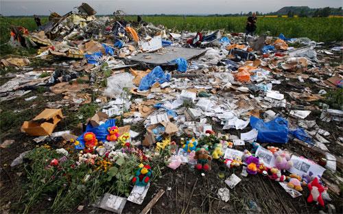 Một phần hiện trường rơi chuyến bay MH17 ở miền Đông Ukraine.<br>