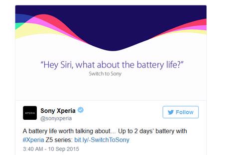 Sony lên Twitter đặt câu hỏi cho phụ tá ảo Siri: "Siri, còn tuổi thọ pin thì sao?" - Ảnh chụp màn hình.<br>