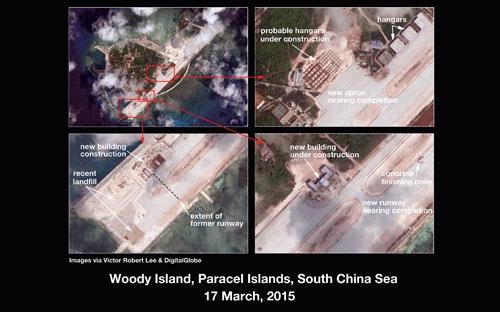 Những bức ảnh của Digital Globe cho thấy hoạt động mở rộng mà Trung Quốc thực hiện trên đảo Phú Lâm thuộc quần đảo Hoàng Sa của Việt Nam - Nguồn: Diplomat.<br>