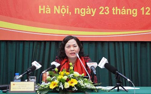 Bà Nguyễn Thị Hồng, Phó thống đốc Ngân hàng Nhà nước chủ trì buổi họp báo cuối năm.<br>