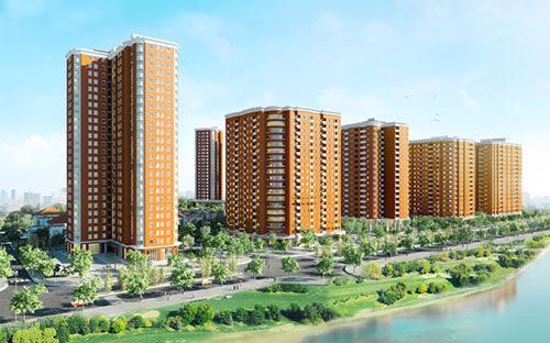 Phối cảnh tổng thể khu đô thị Nghĩa Đô với 5 tòa chung cư CT1A, 1B, 2A, 2B, 2C.<br>