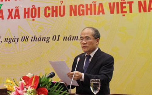 Chủ tịch Quốc hội Nguyễn Sinh Hùng phát biểu chỉ đạo thi hành Hiến pháp sửa đổi - Ảnh: VOV.