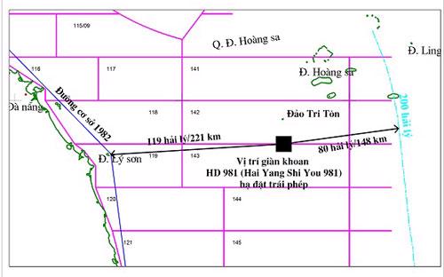 Giàn khoan HD 981 của CNOOC cách đảo Lý Sơn 119 hải lý là khu vực hoàn toàn nằm trong vùng đặc quyền kinh tế và thềm lục địa Việt Nam.