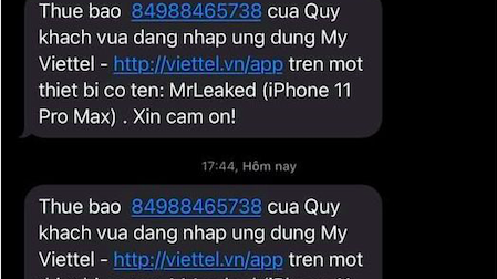 Nhiều người dùng Viettel nhận được tin nhắn từ MyViettel cho hay thuê bao của họ đã đăng nhập vào ứng dụng (MyViettel) từ thiết bị khác.