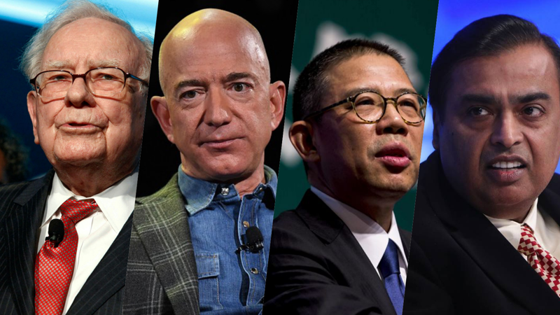 Từ trái sang phải: Warren Buffett, Jeff Bezos, Zhong Shanshan và Mukesh Ambani - Ảnh: Bloomberg/Forbes
