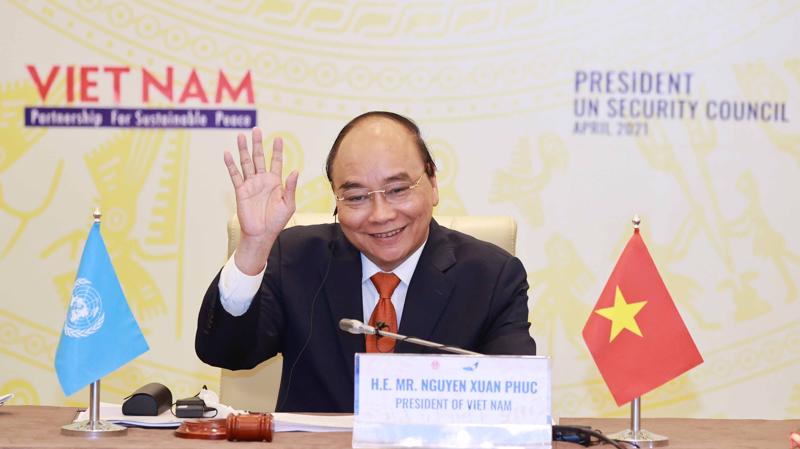 Chủ tịch nước Nguyễn Xuân Phúc chủ trì phiên thảo luận mở của Hội đồng Bảo an Liên Hợp Quốc ngày 19/4 - Ảnh: Bộ Ngoại giao