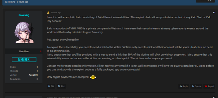 Bài đăng rao bán cách khai thác lỗ hổng trong tài khoản Zalo trên diễn đàn hacker nổi tiếng R***.