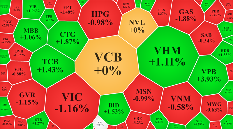 Nhóm cổ phiếu vốn hóa lớn không đồng thuận tăng giá hôm nay khiến VN-Index phải giảm.
