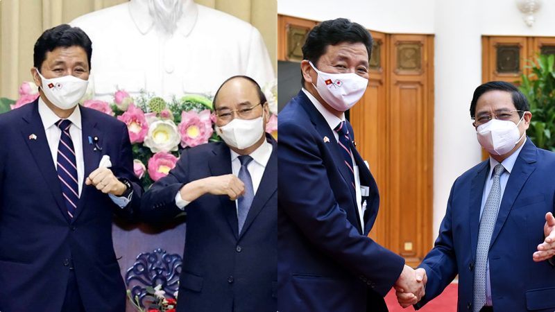 Chủ tịch nước Nguyễn Xuân Phúc và Thủ tướng Chính phủ Phạm Minh Chính tiếp Bộ trưởng Quốc phòng Nhật Bản - Ảnh: VGP