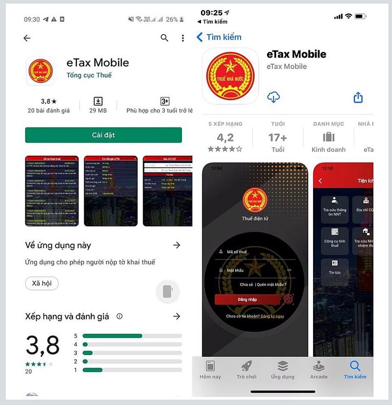 Ứng dụng eTax Mobile V1.0 trên App store và CH play.