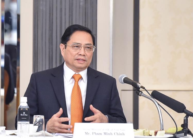 Thủ tướng Chính phủ Phạm Minh Chính tại cuộc làm việc với các doanh nghiệp Nhật Bản trong lĩnh vực chuyển đổi số. Ảnh - VGP. 