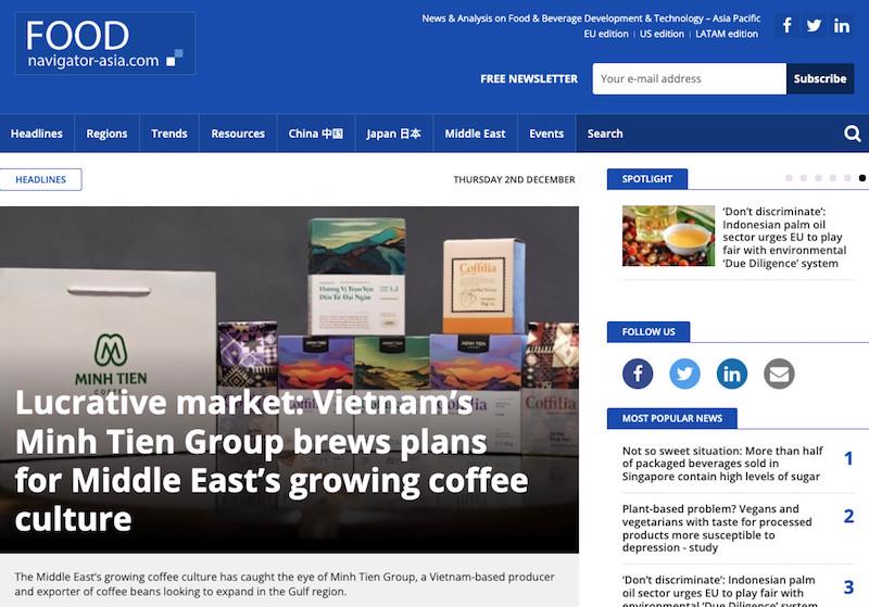 Tập đoàn Cà phê Minh Tiến xuất hiện nổi bật trên trang chủ của tờ FoodNavigator-Asia. (Nguồn: FoodNavigator-Asia).