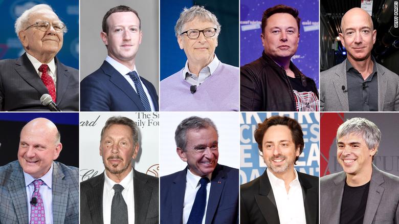 10 tỷ phú giàu nhất thế giới hiện nay, từ trái qua và từ trên xuống: Warren Buffett, Mark Zuckerberg, Bill Gates, Elon Musk, Jeff Bezos, Steve Ballmer, Larry Ellison, Bernard Arnault, Sergey Brin, Larry Page.