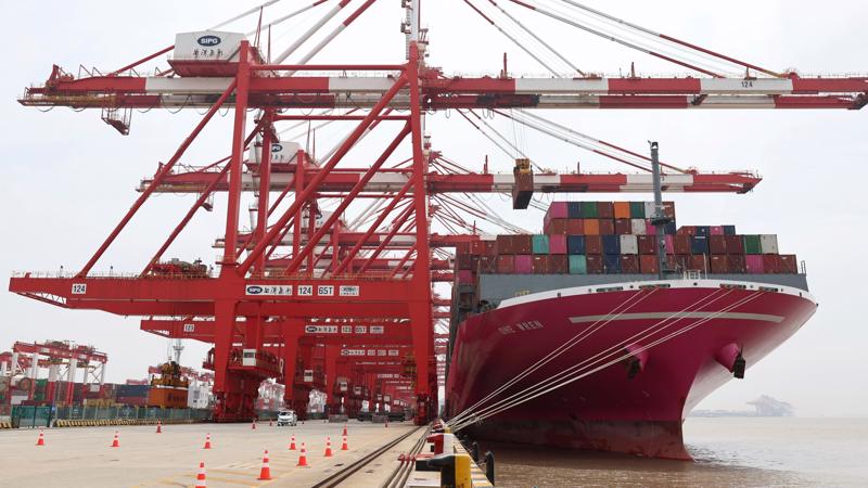 Một tàu container từ Nhật Bản đang neo đậu tại cảng Yangshan, Thượng Hải ngày 27/4 - Ảnh: AP