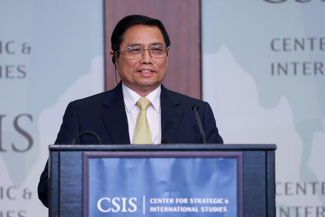 Thủ tướng Phạm Minh Chính bài phát biểu trong chuyến thăm Trung tâm nghiên cứu Chiến lược và Quốc tế Mỹ (CSIS) ngày 11/5 - Ảnh: VGP