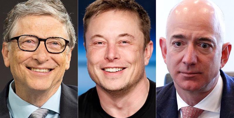 Ba tỷ phú công nghệ trong top giàu nhất thế giới. Từ trái qua: Bill Gates, Elon Musk, và Jeff Bezos.