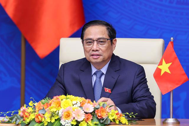 Prime Minster Pham Minh Chinh joined the discussion online. Photo from VGP
