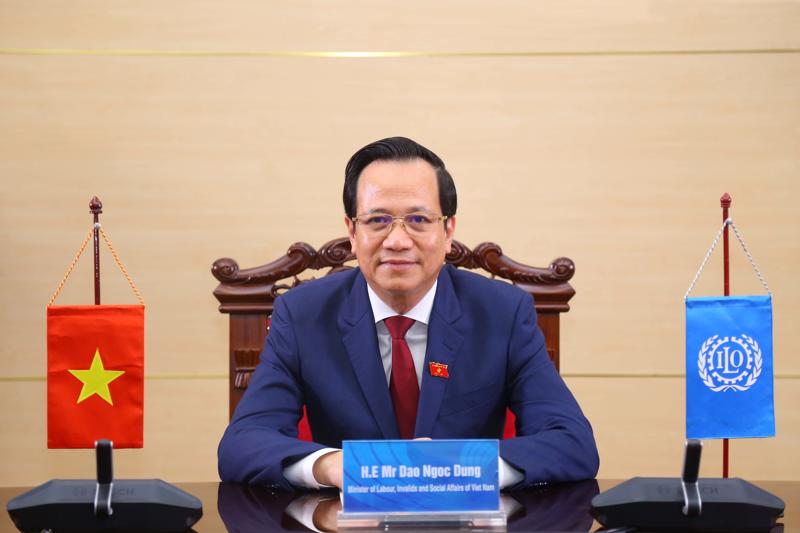 Bộ trưởng Đào Ngọc Dung phát biểu ghi hình tại Hội nghị ILC. Ảnh - MOLISA. 