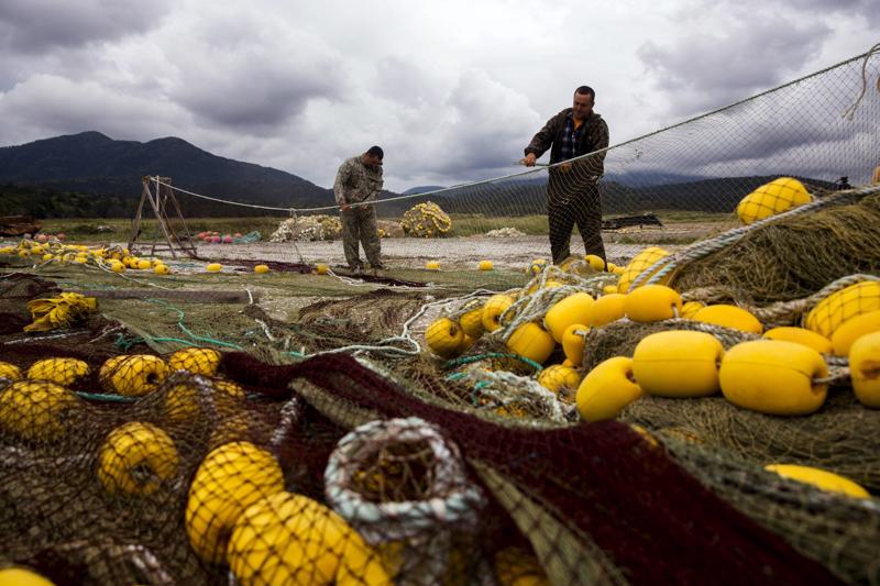 Ngư dân sửa chữa lưới trên bờ Biển Okhotsk trên đảo Kunashiri thuộc quần đảo được gọi là Lãnh thổ phía Bắc ở Nhật và Nam Kurils ở Nga - Ảnh: Reuters